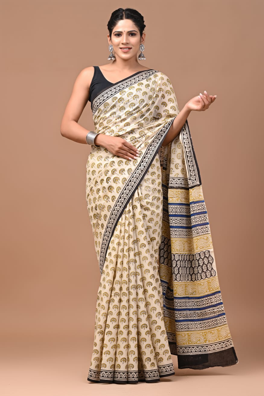 Sunshine Yellow Border Cotton Mulmul Saree