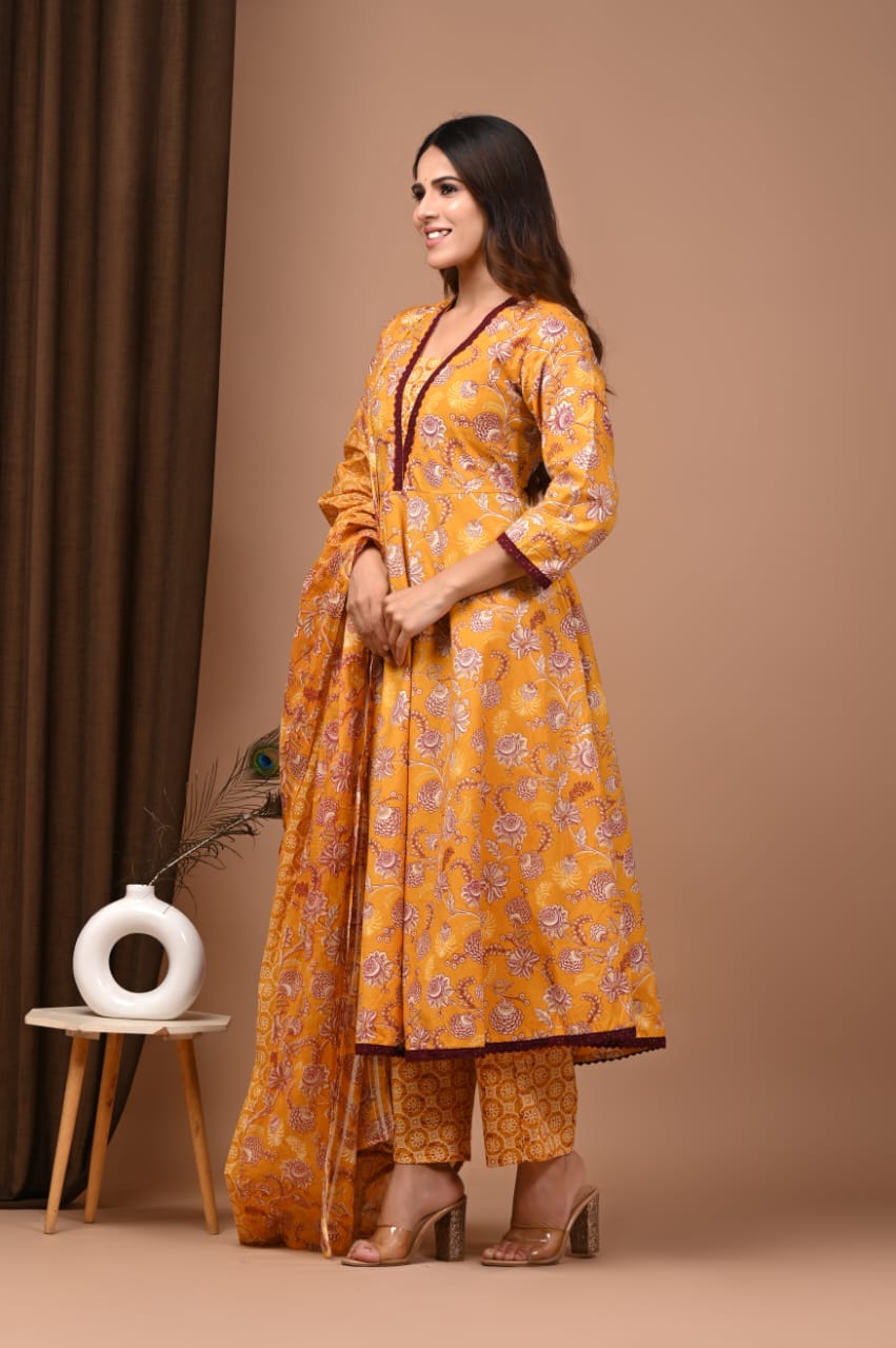 Yellow Floral Hand Block Anarkali Set