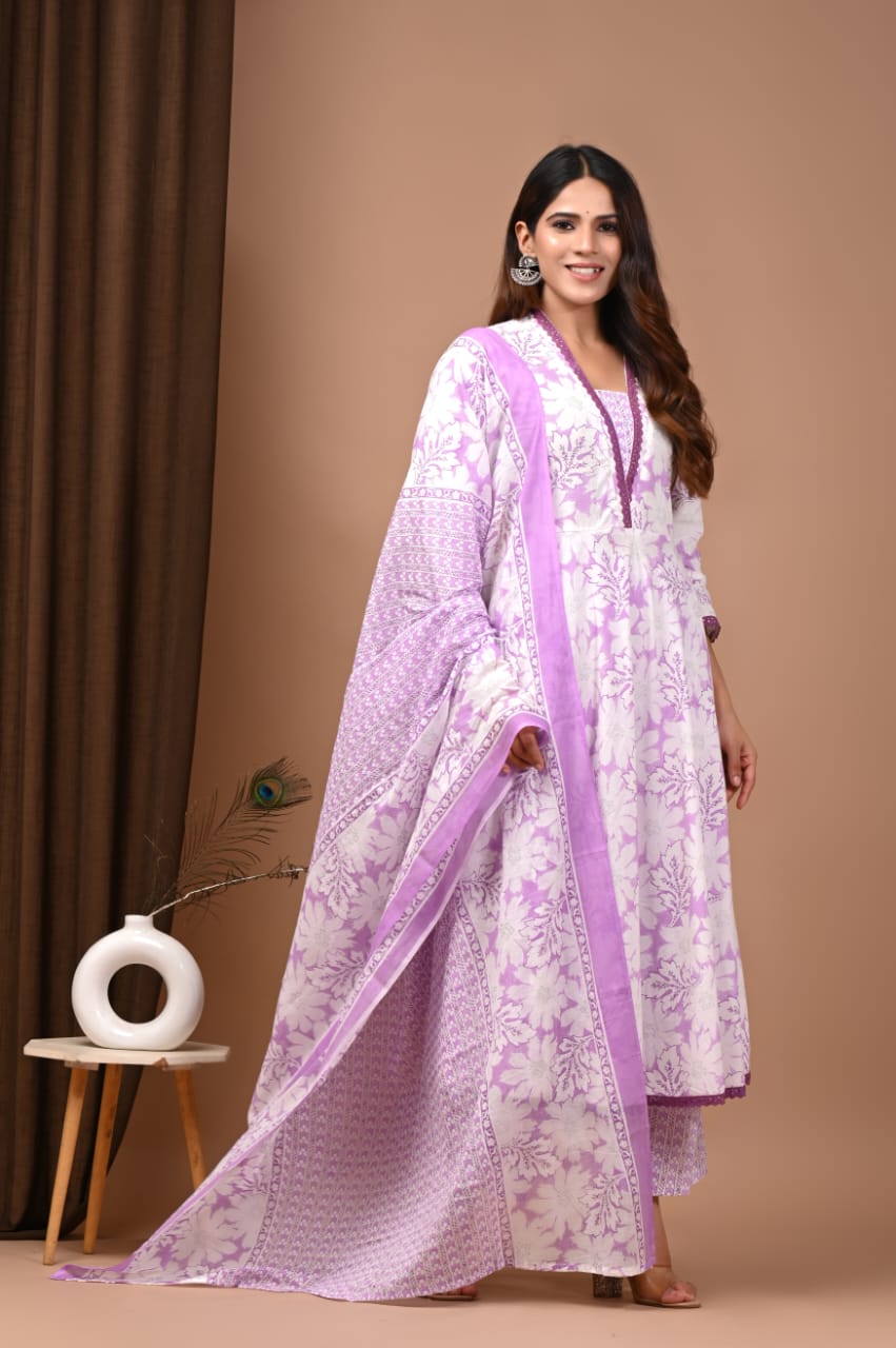 White and Pink Floral Hand Block Anarkali Set