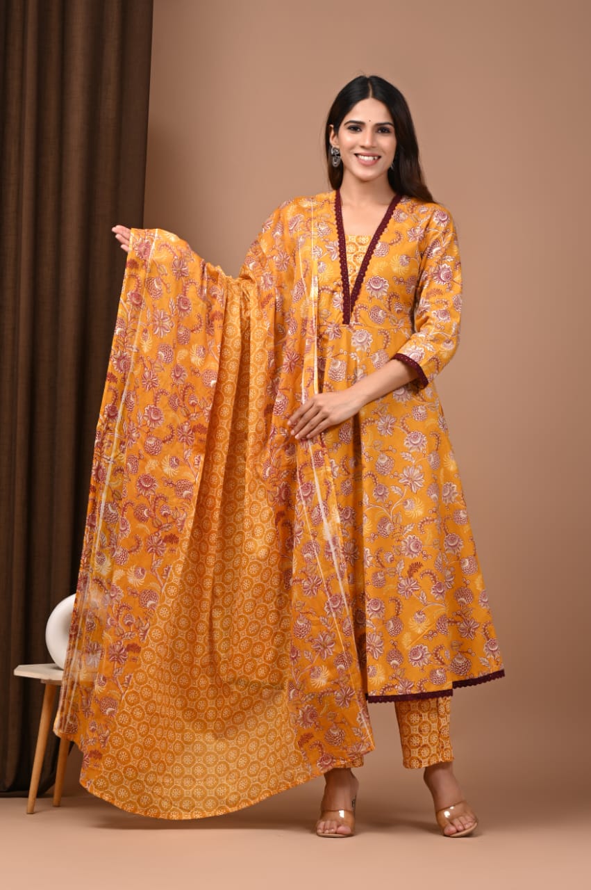 Yellow Floral Hand Block Anarkali Set