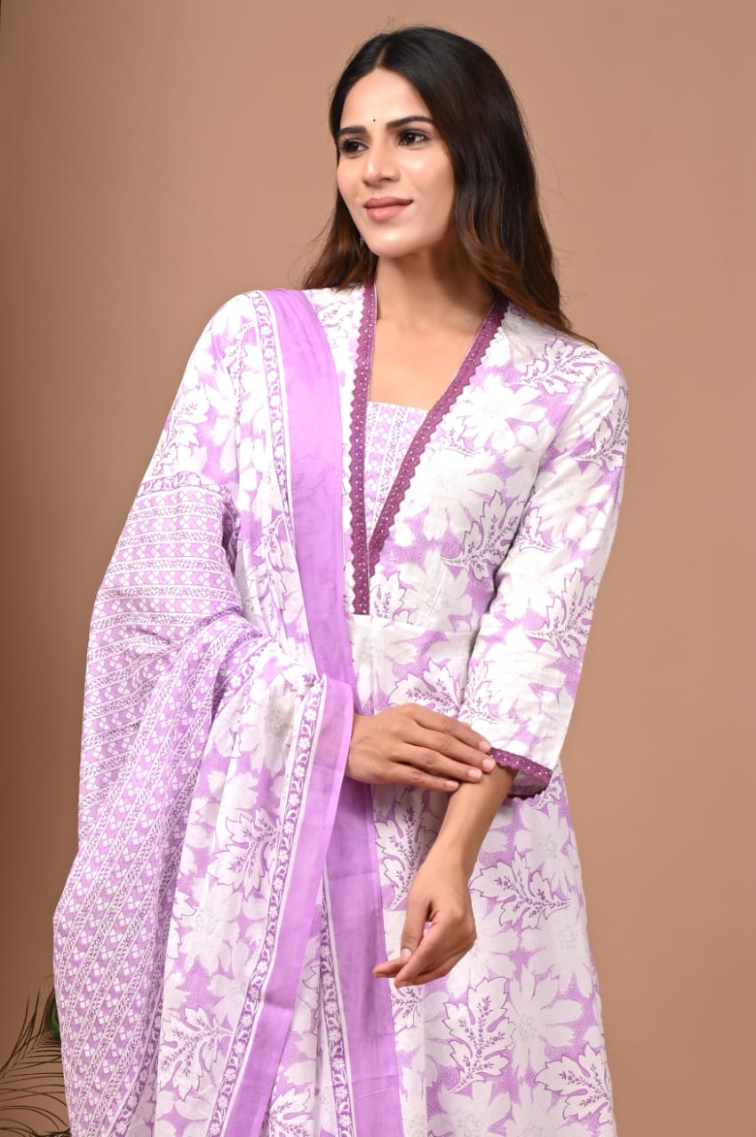 White and Pink Floral Hand Block Anarkali Set