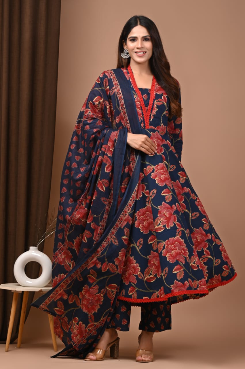 Blue-Red Floral Hand Block Anarkali Set