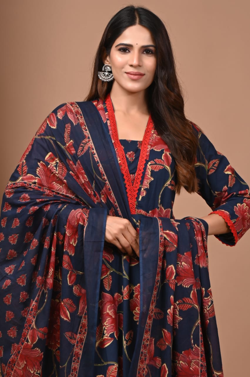 Blue-Red Floral Hand Block Anarkali Set
