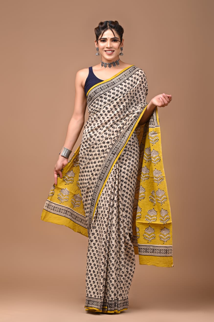 Mustard Bloom Cotton Mulmul Saree