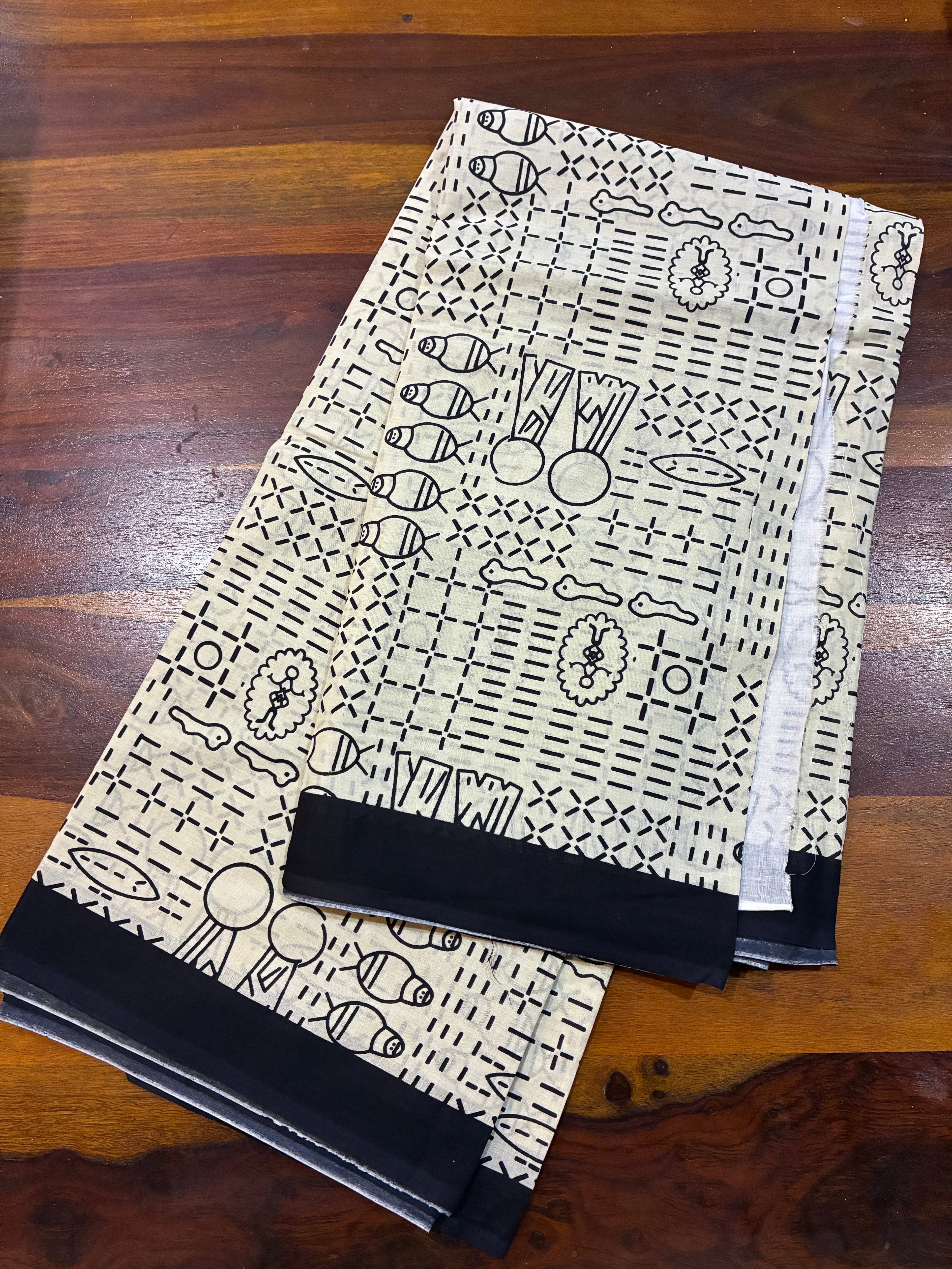 Off-White Cotton Mulmul Designer Saree