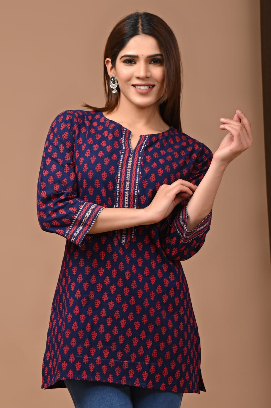 Block Print Cotton Kurti - Blue and Red
