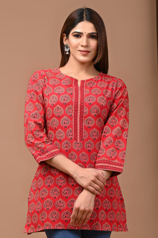 Block Print Cotton Kurti - Red