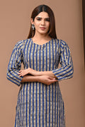 Block Print Cotton Kurti - Blue