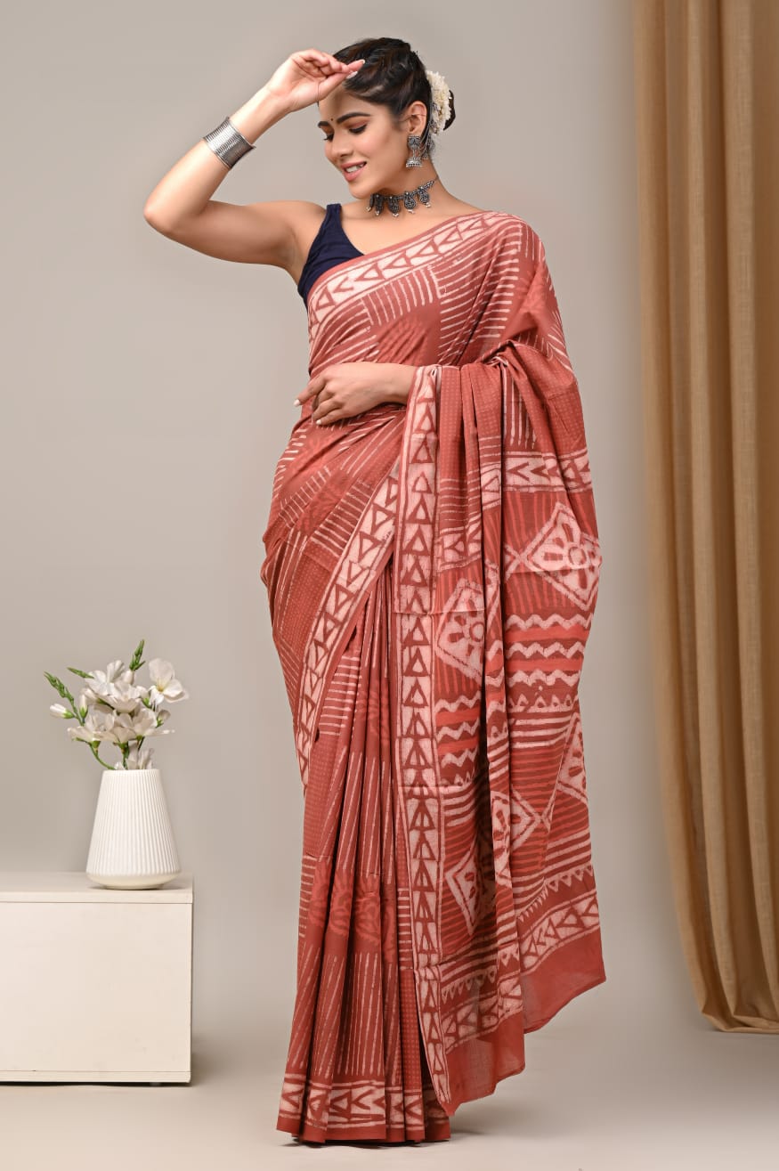 Terra Brown Cotton Mulmul saree