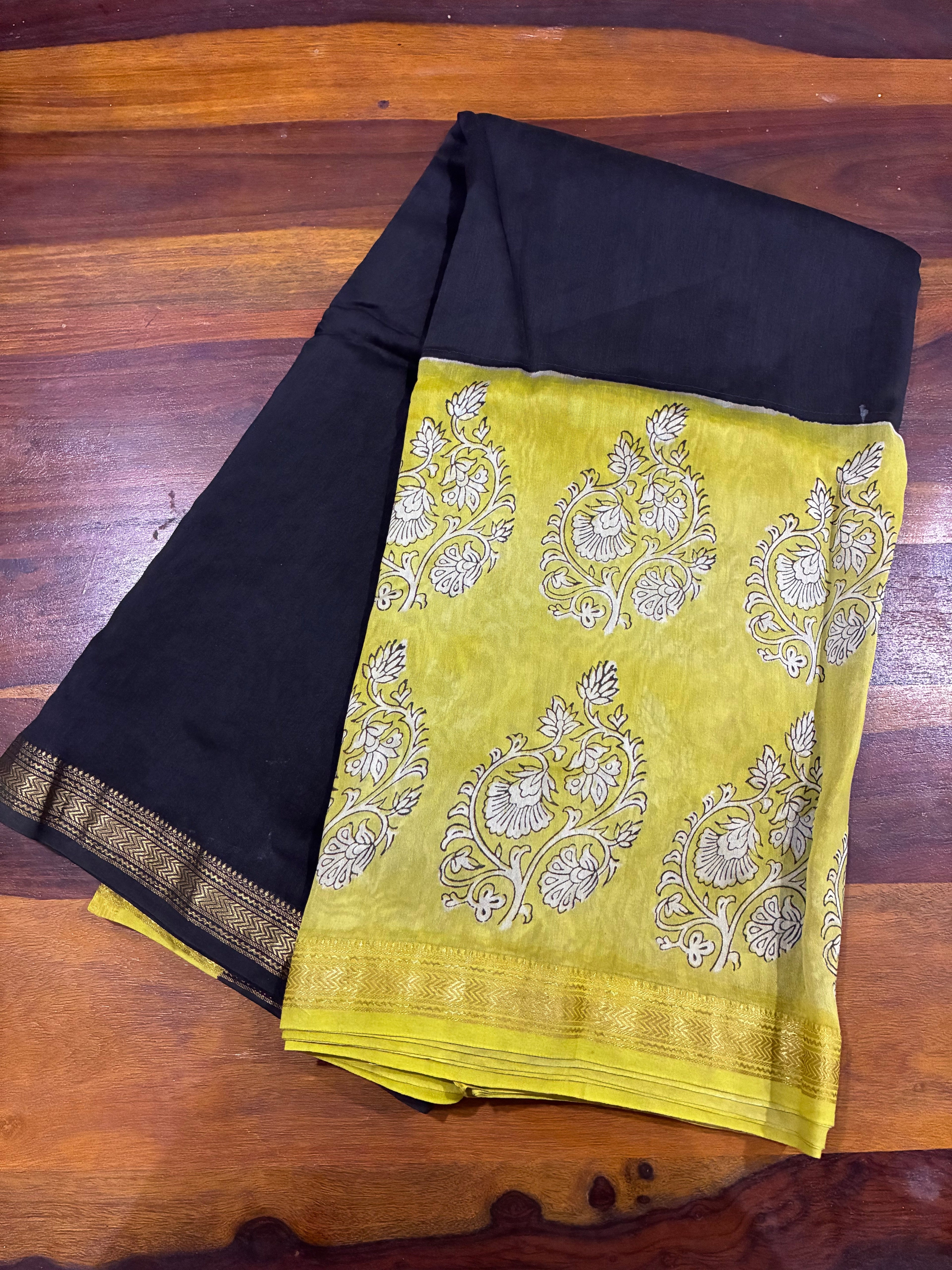Maheswari Silk Bagru Print Saree - Black & Yellow