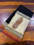 Maheswari Silk Bagru Print Saree - Black & Off White