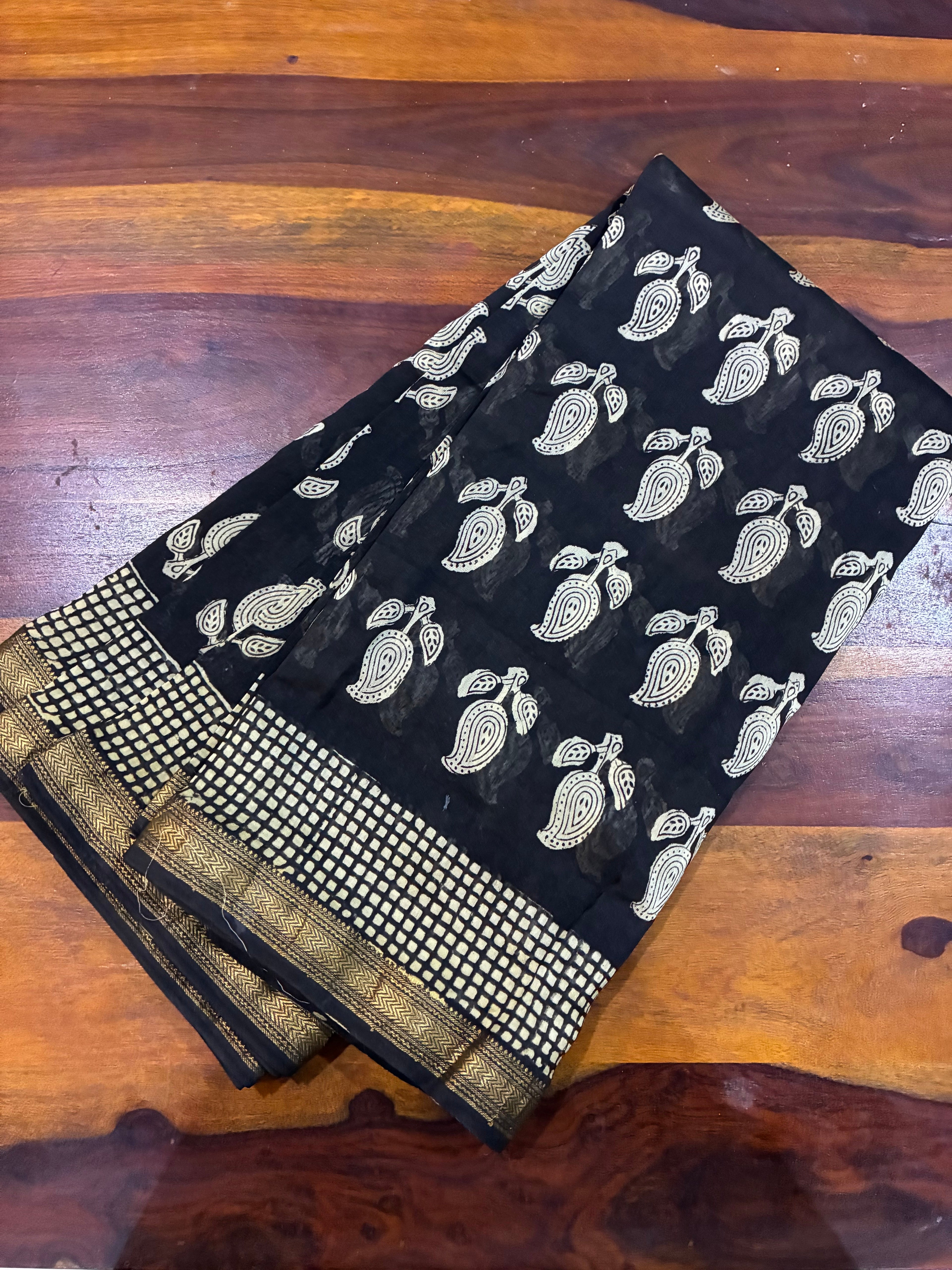 Maheswari Silk Bagru Print Silk - Black