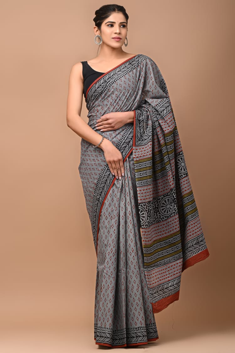 Hand Block Printed Cotton Mulmul Saree in Grey
