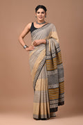 Yellow and Black Stripes Hand Block Cotton Mulmul Saree