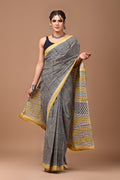 Black Checks Cotton Mulmul Saree with Yellow Stripes Border