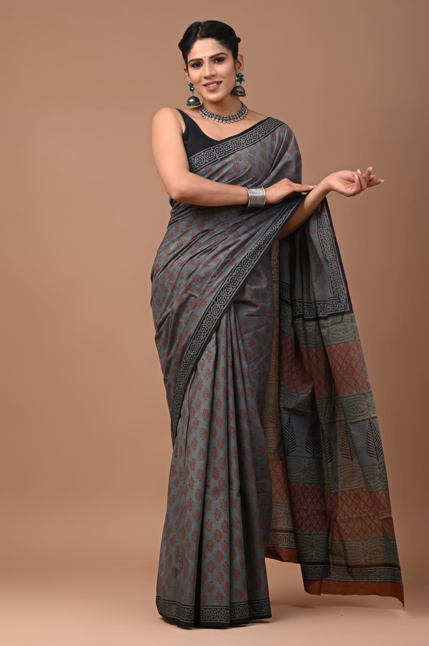 Grey Handblock Cotton Mulmul Saree
