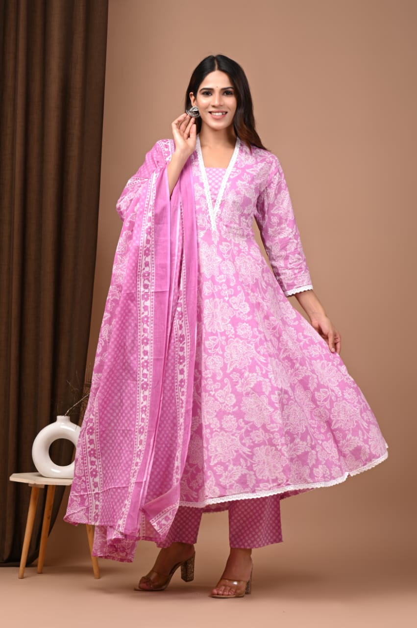Pink Floral Hand Block Anarkali Set