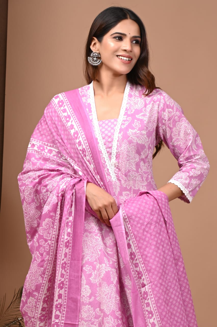Pink Floral Hand Block Anarkali Set