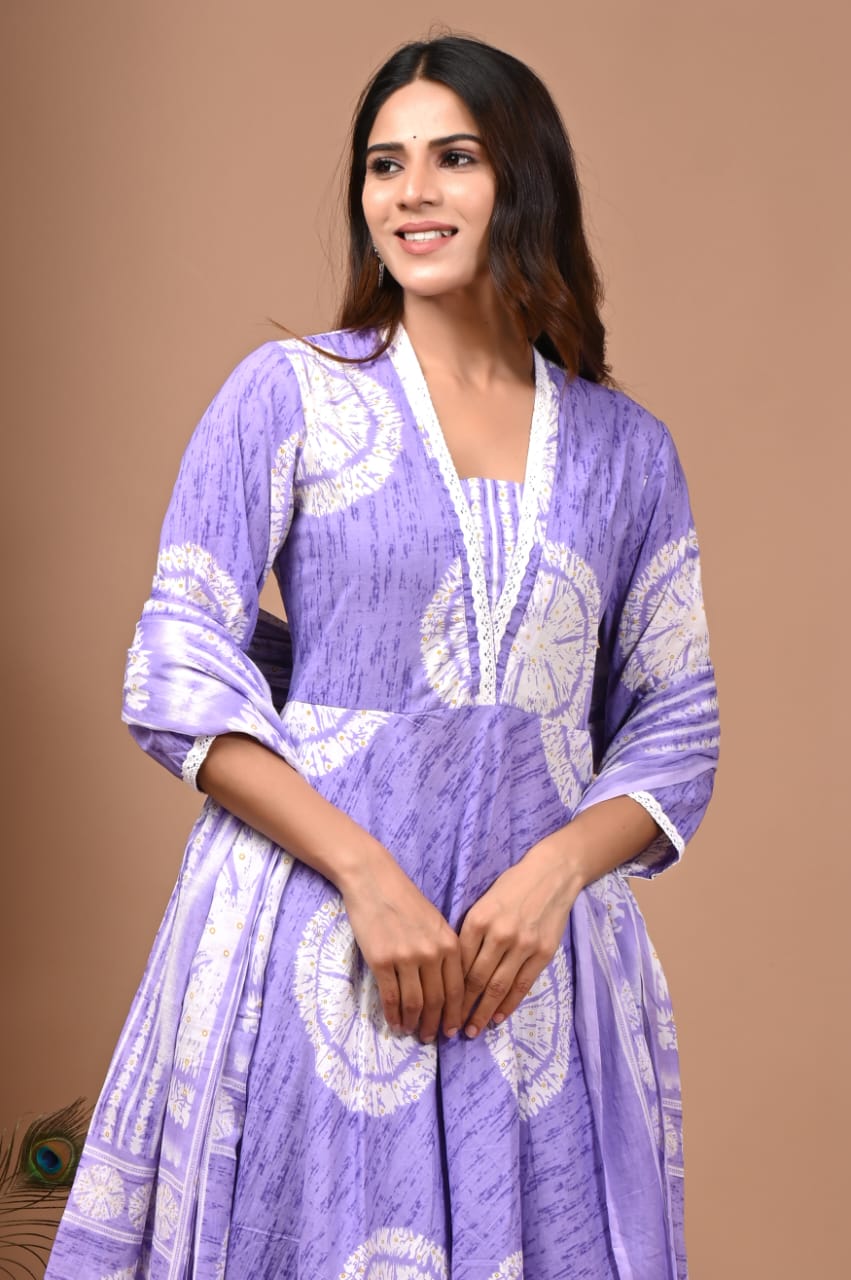 Purple Floral Hand block Anarkali Set