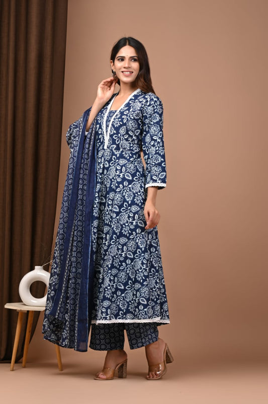 Blue Floral Hand Block Anarkali Set
