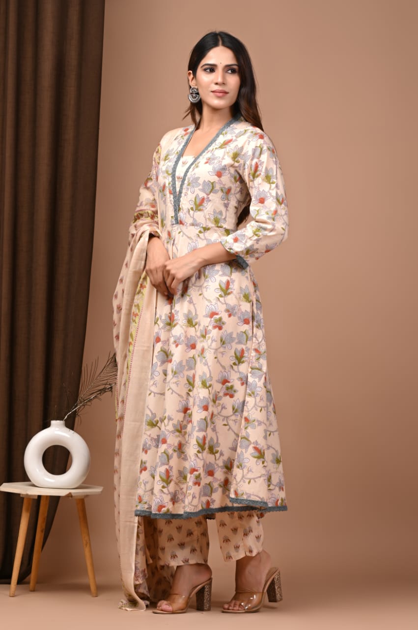 Beige Floral Hand Block Anarkali Set