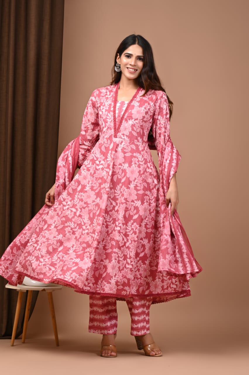 Peach Floral Hand block Anarkali Set