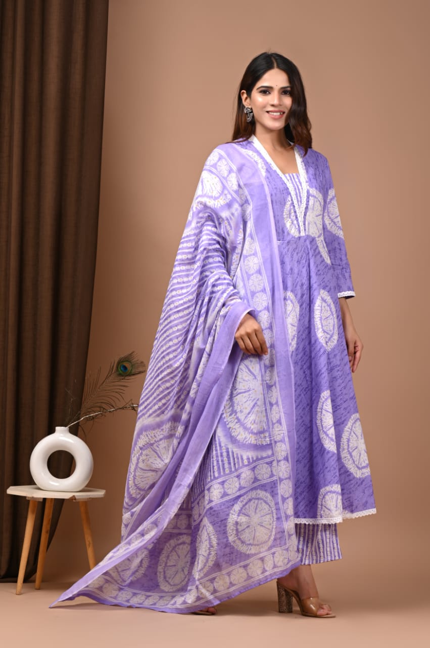 Purple Floral Hand block Anarkali Set