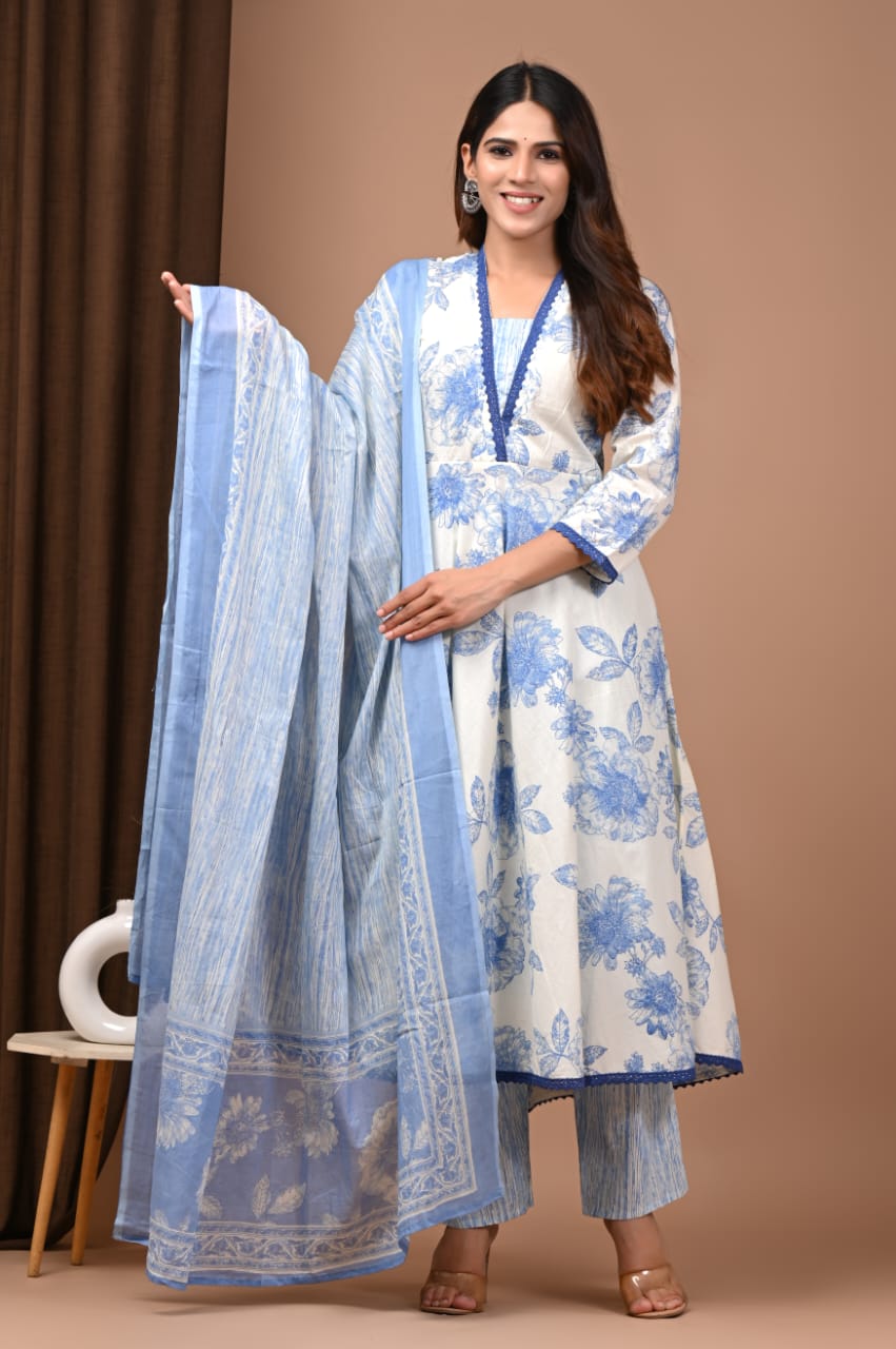 White and Blue Floral Hand Block Anarkali Set
