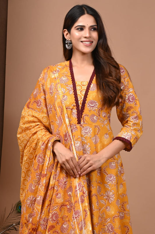 Yellow Floral Hand Block Anarkali Set