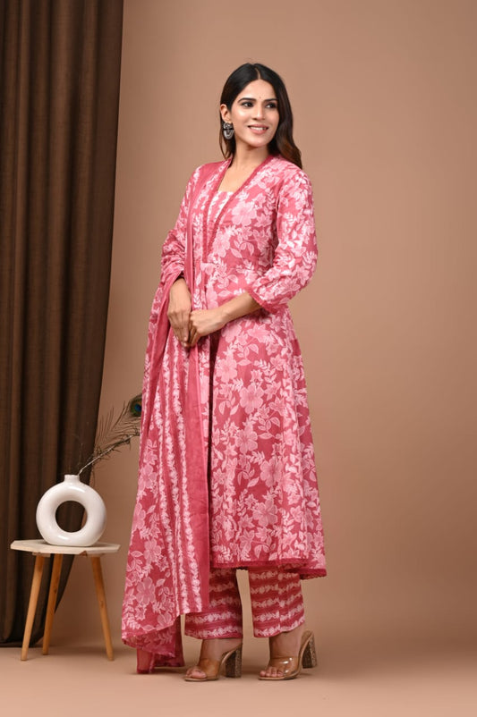 Peach Floral Hand block Anarkali Set
