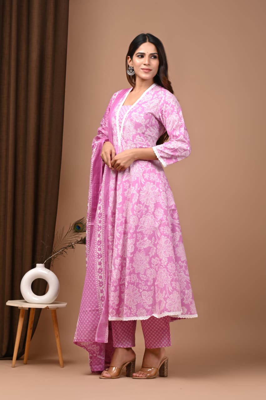 Pink Floral Hand Block Anarkali Set