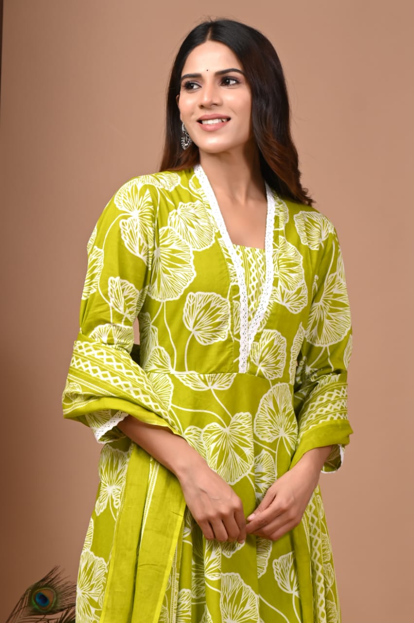 Light Green Floral Hand Block Anarkali Set