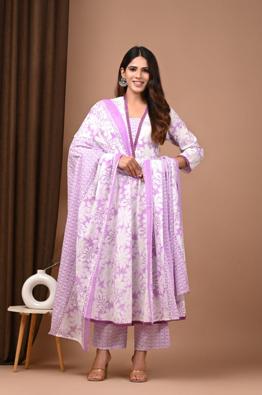 White and Pink Floral Hand Block Anarkali Set
