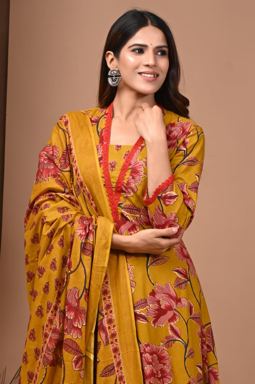 Mustard Yellow Hand Block Anarkali Set