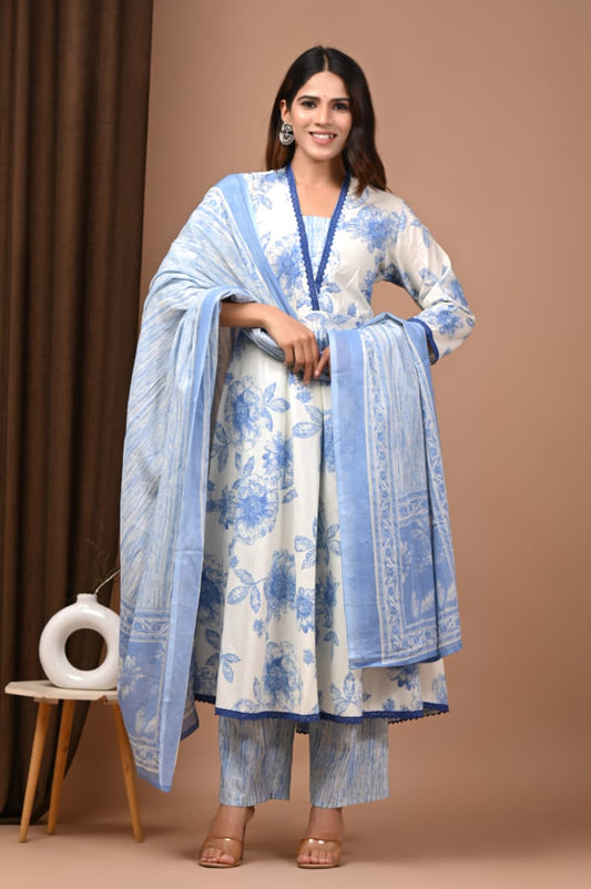 White and Blue Floral Hand Block Anarkali Set