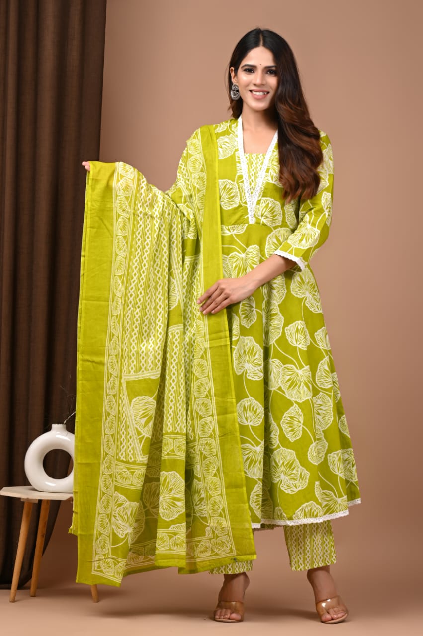 Light Green Floral Hand Block Anarkali Set