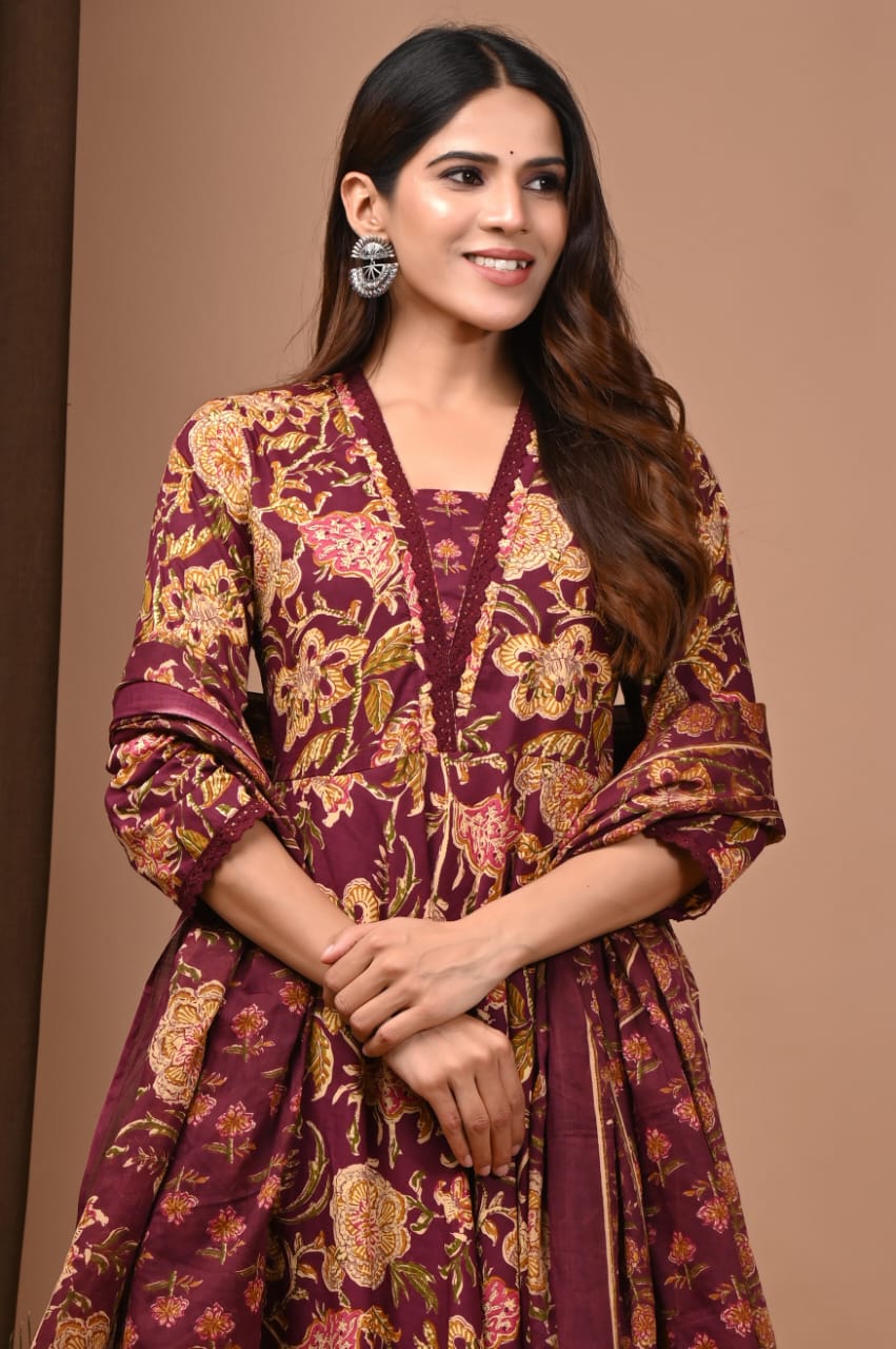 Maroon Floral HandBlock Anarkali Set