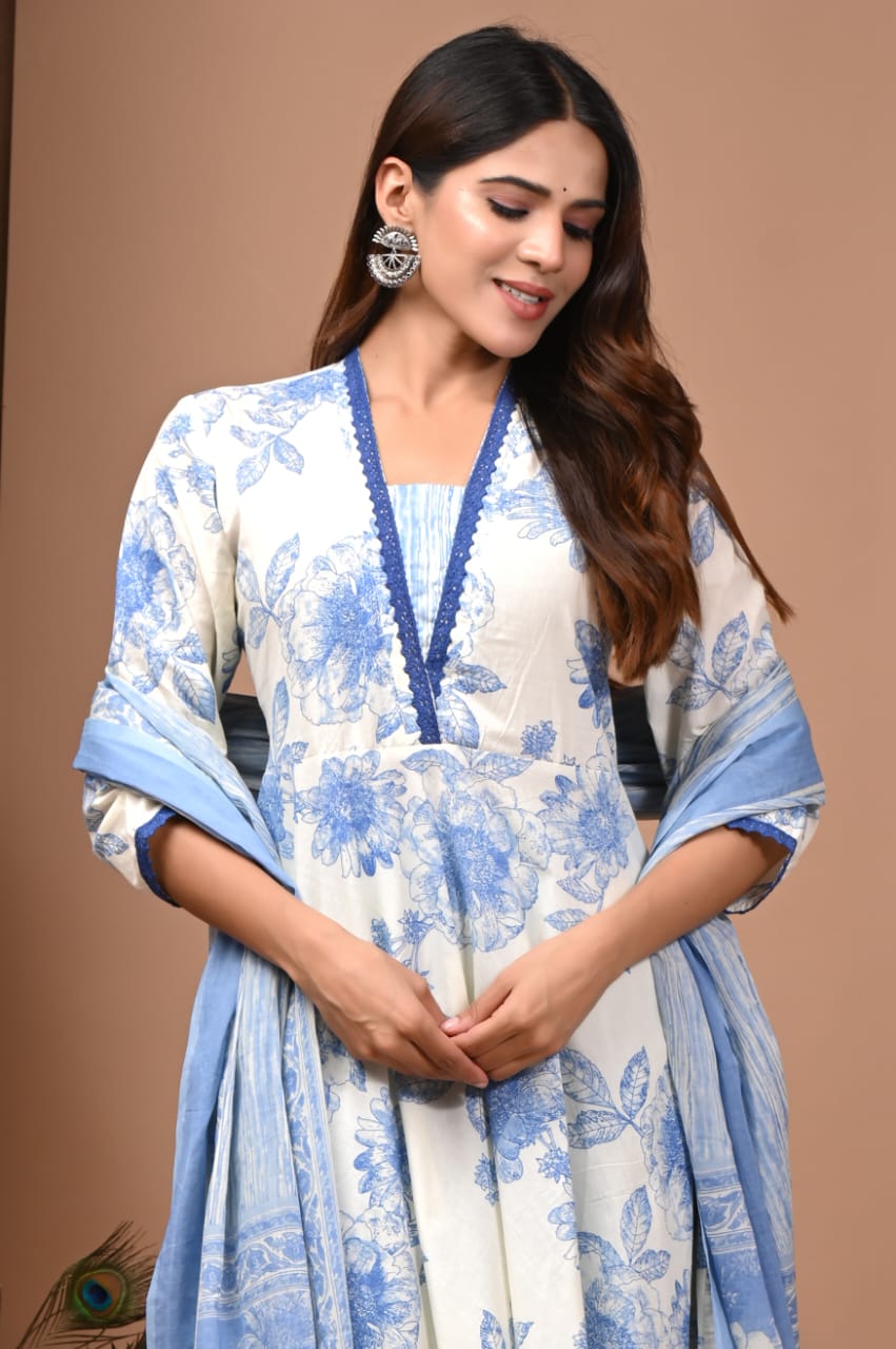 White and Blue Floral Hand Block Anarkali Set