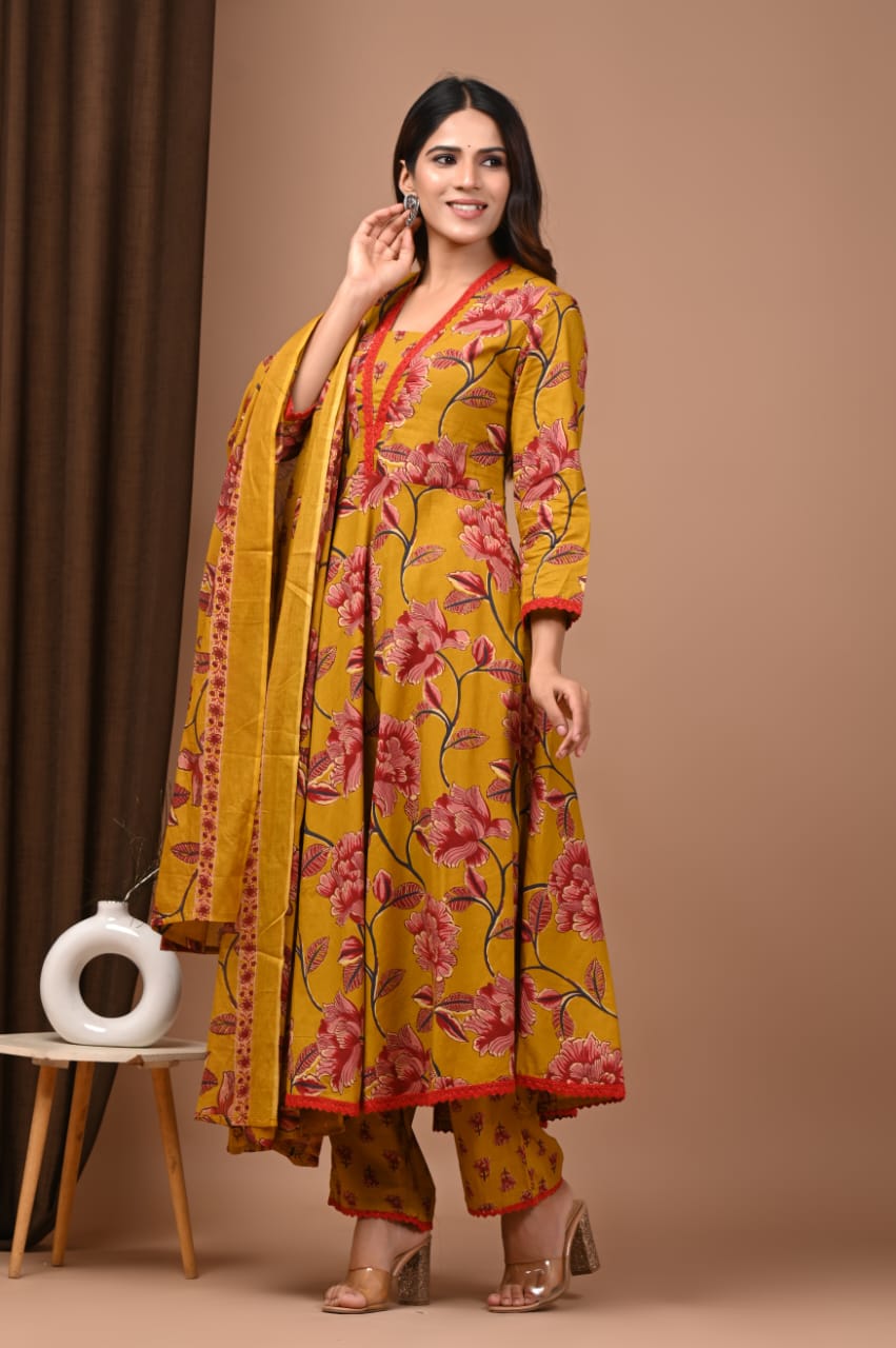 Mustard Yellow Hand Block Anarkali Set