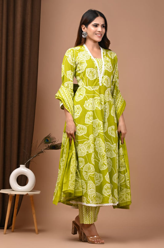 Light Green Floral Hand Block Anarkali Set