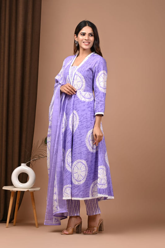 Purple Floral Hand block Anarkali Set