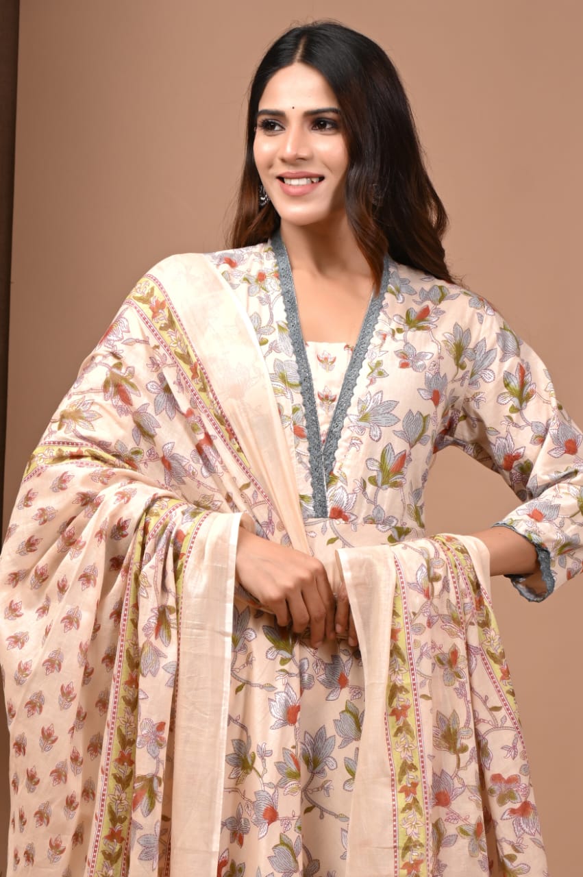Beige Floral Hand Block Anarkali Set