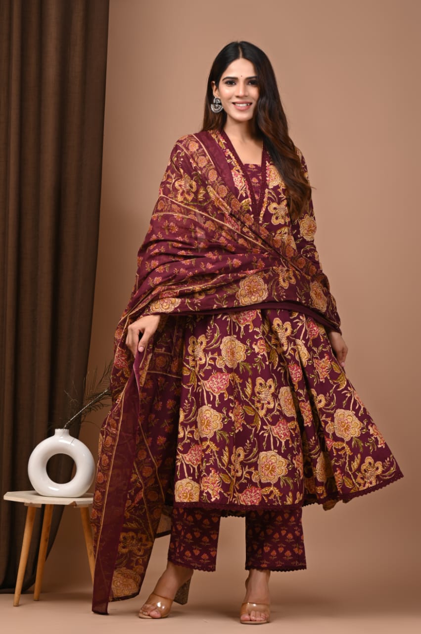 Maroon Floral HandBlock Anarkali Set