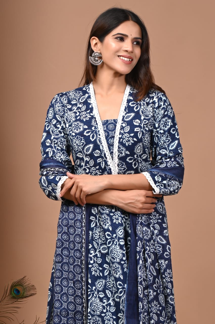 Blue Floral Hand Block Anarkali Set