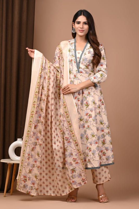 Beige Floral Hand Block Anarkali Set