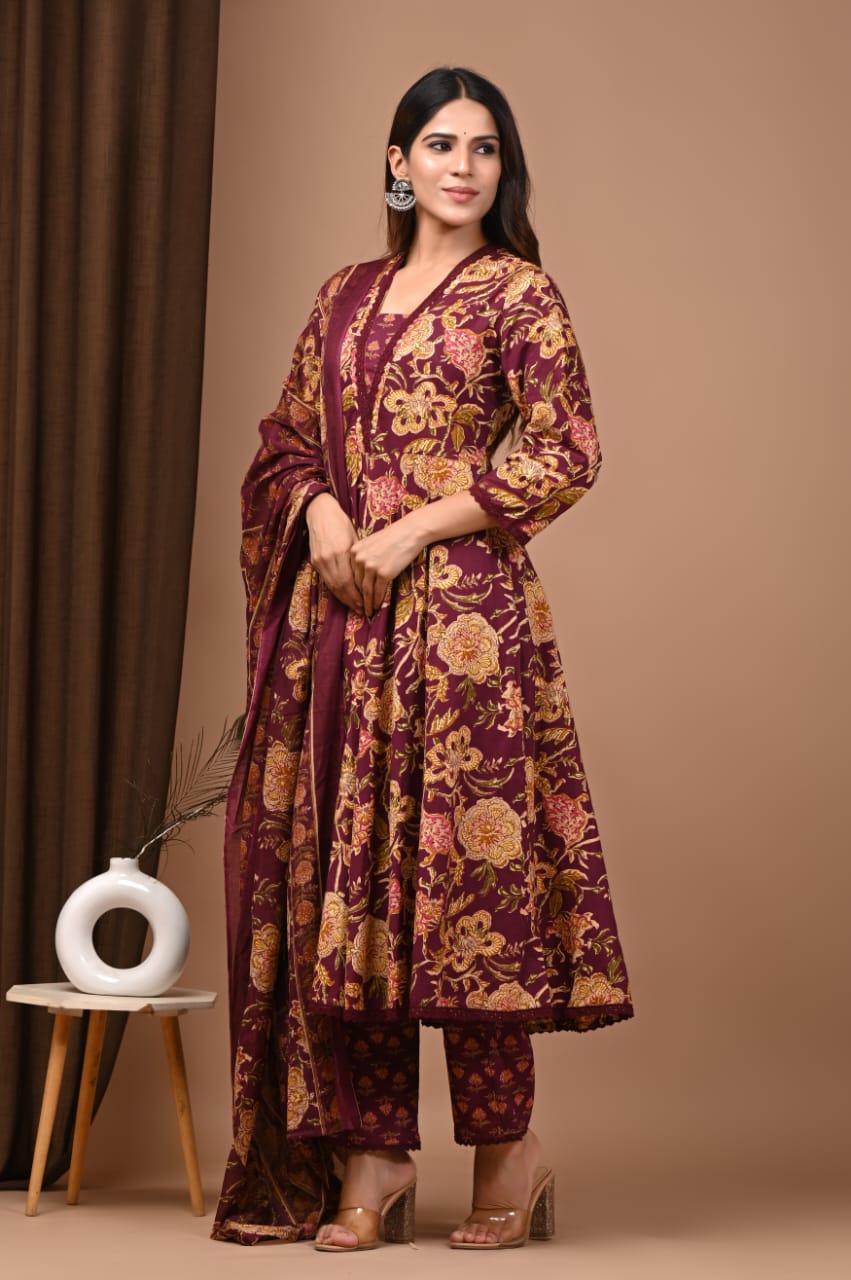 Maroon Floral HandBlock Anarkali Set