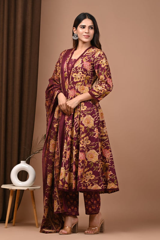 Maroon Floral HandBlock Anarkali Set