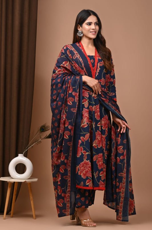 Blue-Red Floral Hand Block Anarkali Set