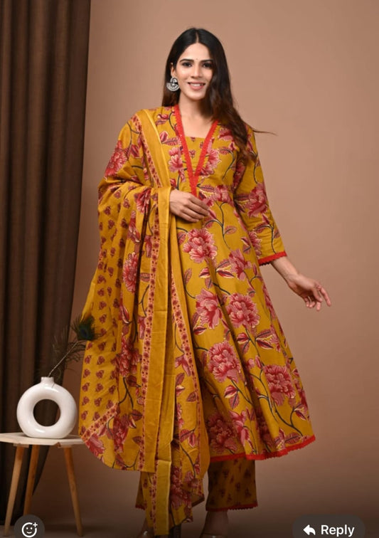 Mustard Yellow Hand Block Anarkali Set