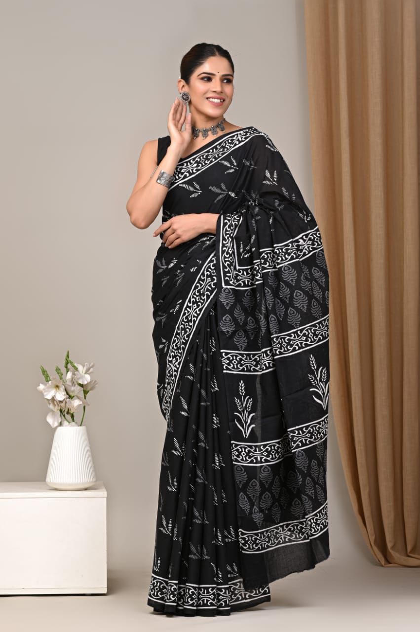 Hand block Cotton Mulmul Saree (Black)